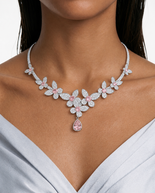 Rosie Pink Floral Drop Diamond-Like Zircon Open-Front Cuff Necklace Set – Necklace & Earrings