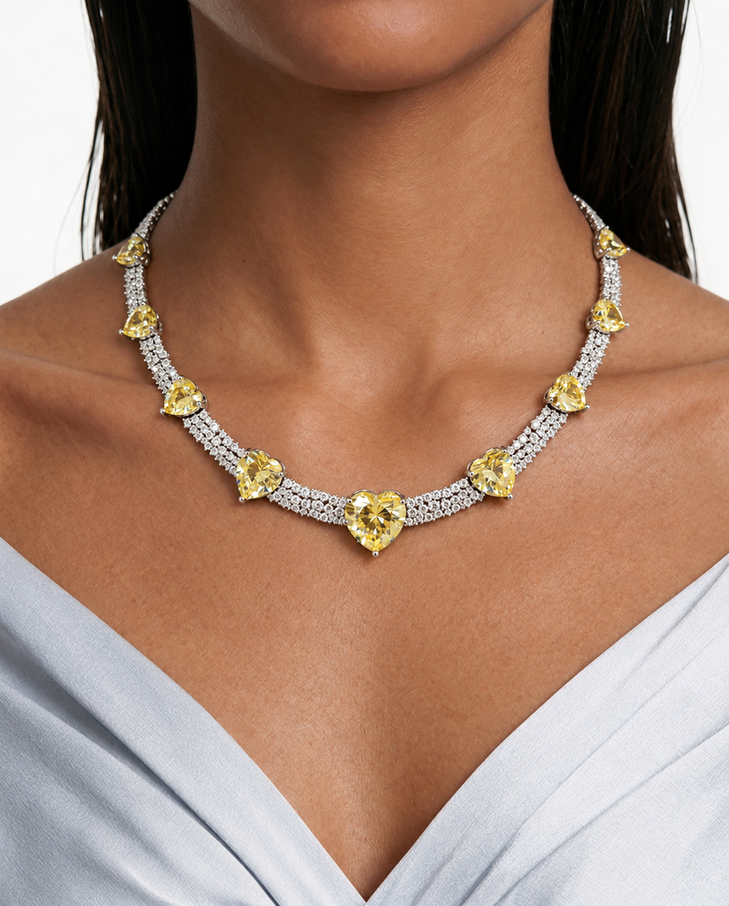 Cupid Citrine Heart Line Diamond-Like Zircon Necklace Set – Necklace & Earrings