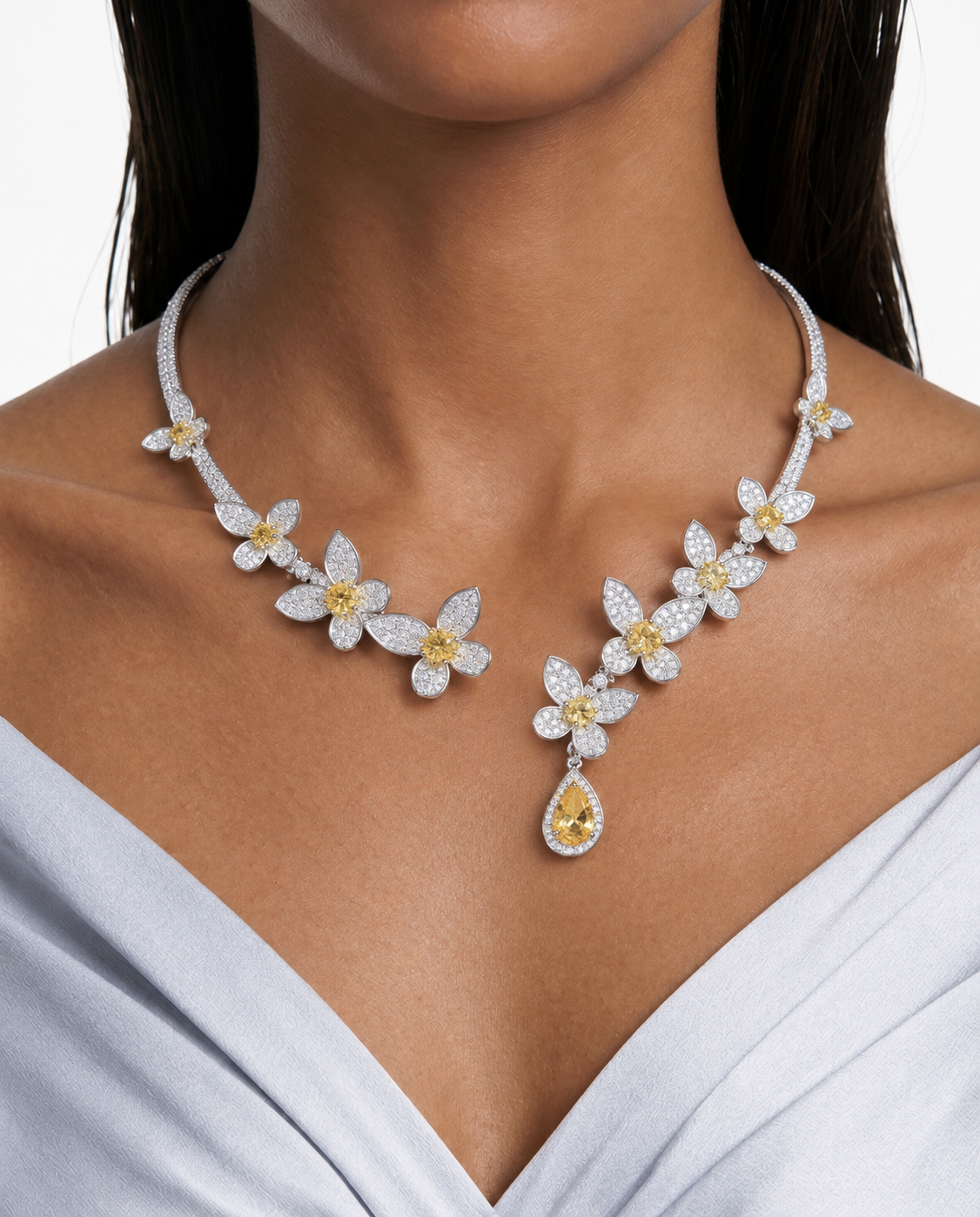 Rosie Citrine Floral Drop Diamond-Like Zircon Open-Front Cuff Necklace Set – Necklace & Earrings