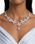 Rosie Pink Floral Drop Diamond-Like Zircon Open-Front Cuff Necklace Set – Necklace & Earrings