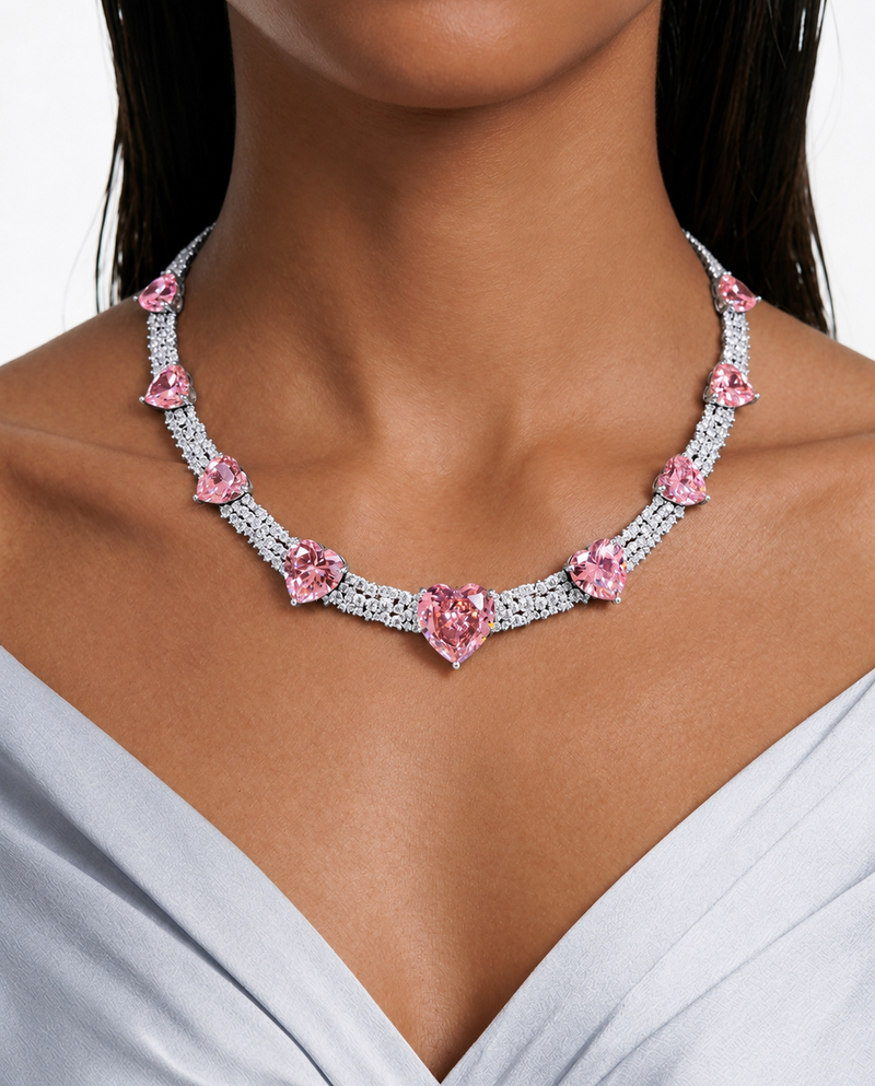 Cupid Pink Heart Line Diamond-Like Zircon Necklace Set – Necklace & Earrings