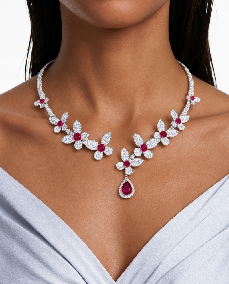 Rosie Ruby Floral Drop Diamond-Like Zircon Open-Front Cuff Necklace Set – Necklace & Earrings