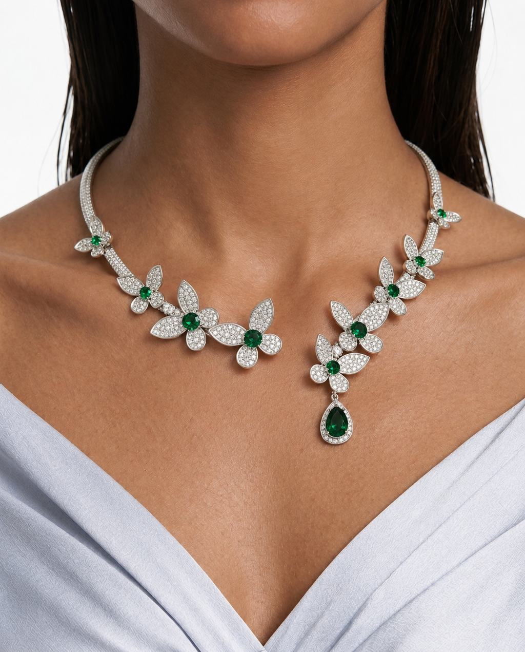Rosie Emerald Floral Drop Diamond-Like Zircon Open-Front Cuff Necklace Set – Necklace & Earrings