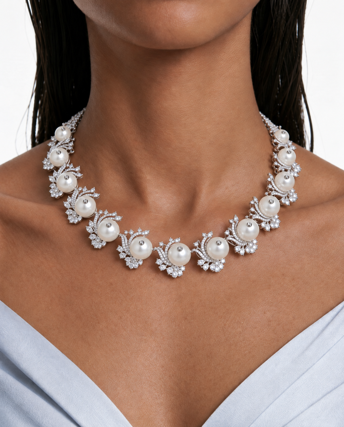 Nola Pearl & Leaf Diamond-Like Zircon Necklace Set – Necklace & Earrings