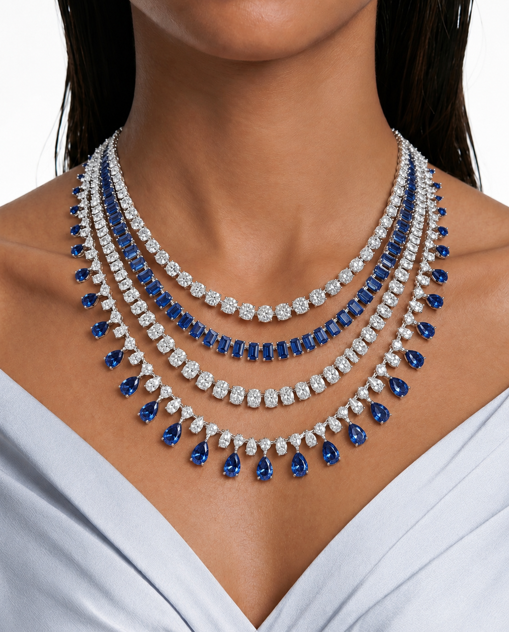Celine Sapphire Diamond-Like Zircon Four Layer Drop Necklace Set – Necklace & Earrings
