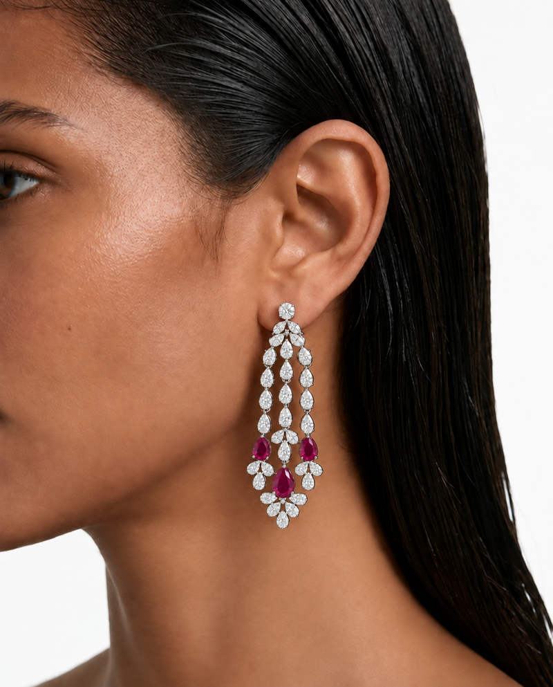 Fia Ruby Diamond-Like Zircon Four Layer Necklace Set – Necklace & Earrings