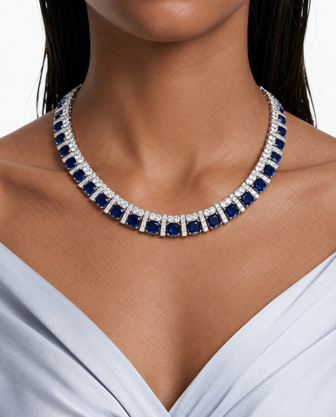 Bhavika Sapphire & Zircon Diamond Single Line Tennis Necklace Set (Necklace & Earrings)