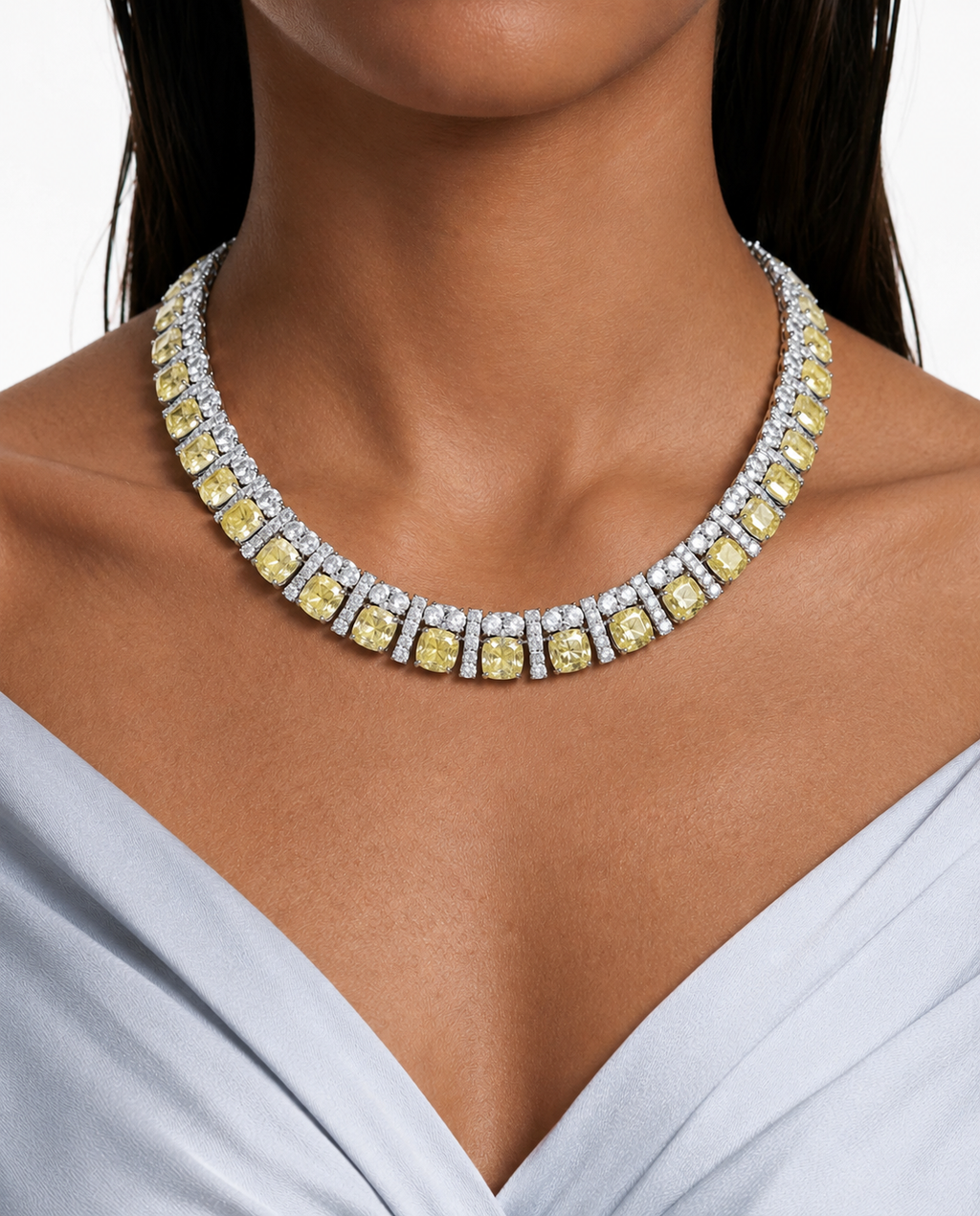 Bhavika Citrine & Zircon Diamond Single Line Tennis Necklace Set (Necklace & Earrings)
