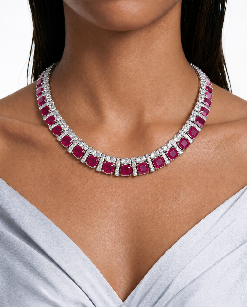 Bhavika Ruby & Zircon Diamond Single Line Tennis Necklace Set (Necklace & Earrings)