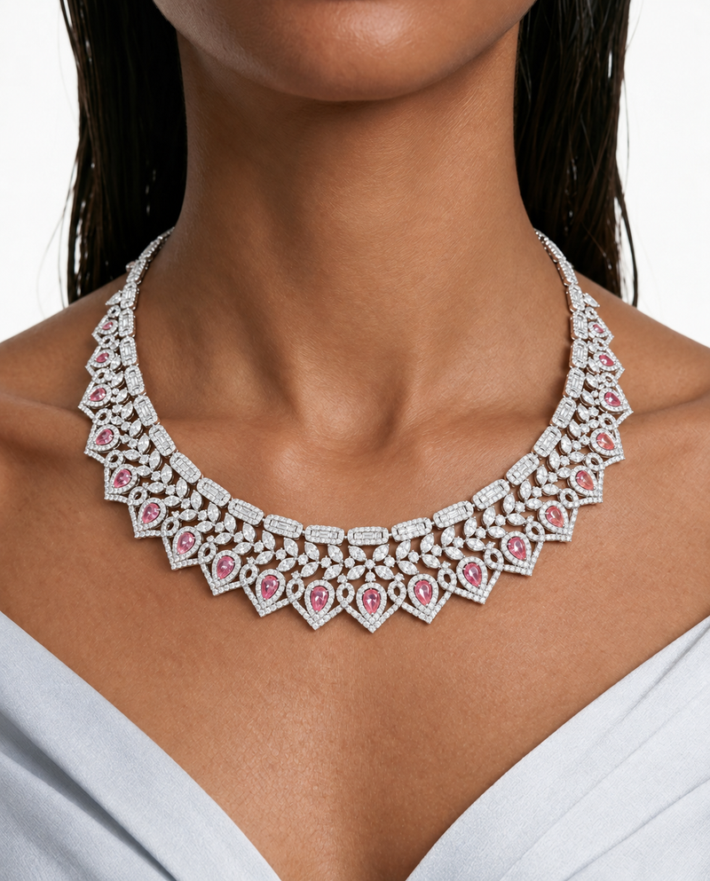 Romy Pink Pear Diamond-Like Zircon Necklace Set – Necklace & Earrings