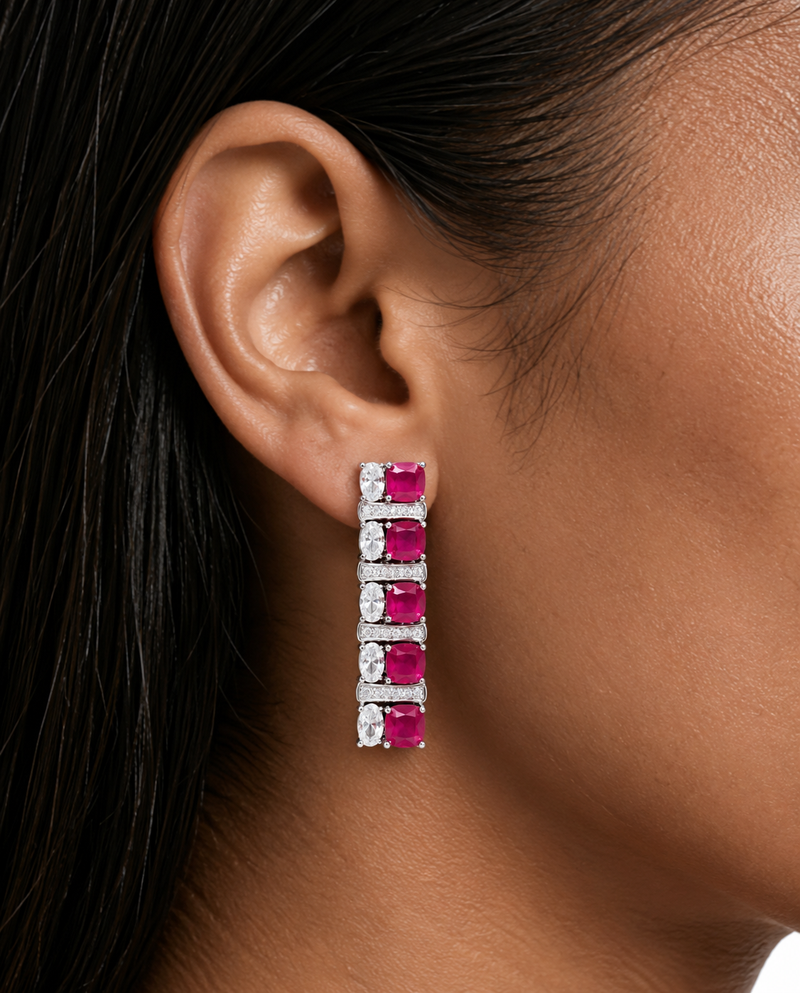 Bhavika Ruby & Zircon Diamond Single Line Tennis Necklace Set (Necklace & Earrings)
