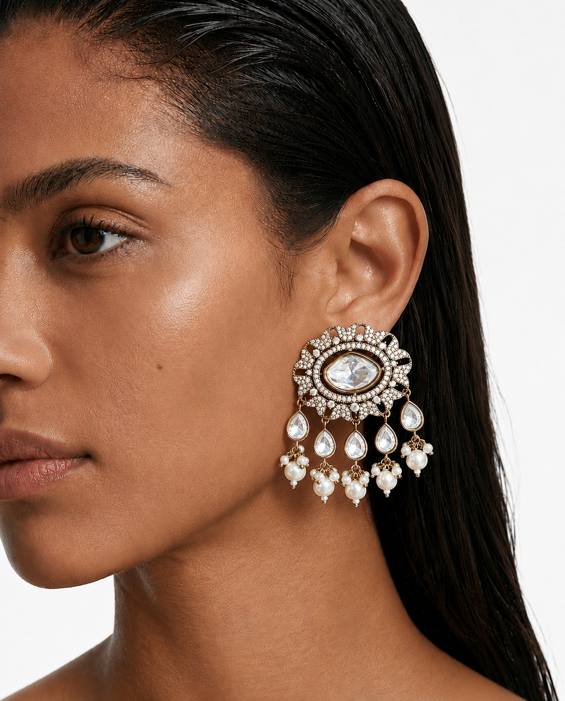 Ziyana Pearl & Moissanite Polki Kundan Earrings with Zircon Diamond Detailing