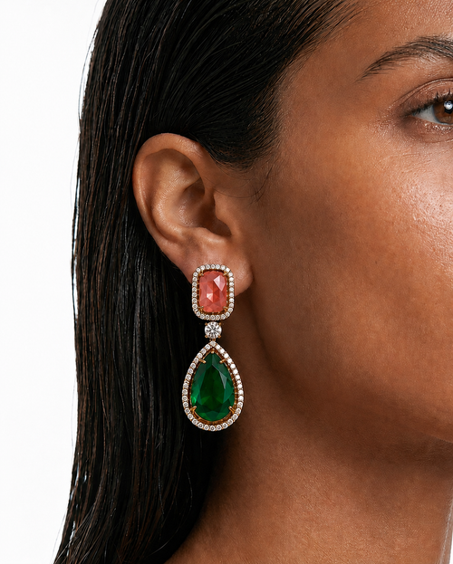 Soleil Peach & Emerald Drop Statement Earrings – peach and emerald doublets with 5A CZ, antique gold plated | PRERTO