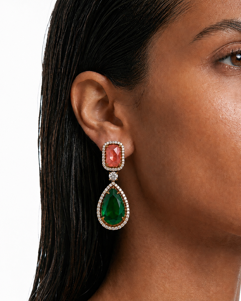 Soleil Peach & Emerald Diamond Drop Statement Earrings