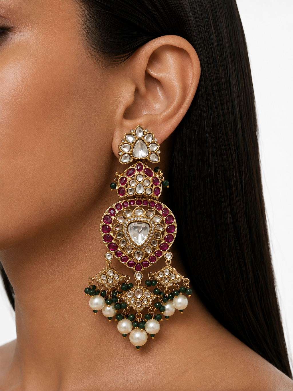 Maharani Aarizah & Rameesha Ruby, Emerald, Pearls & Moissanite Polki Kundan Bridal Necklace Set (2 Necklaces & 2 Earrings)
