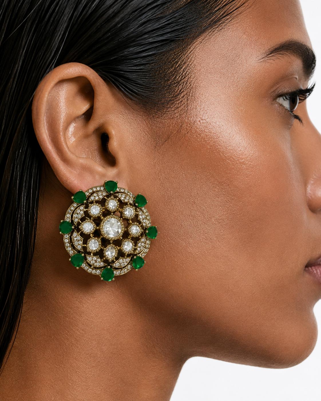 Noura Emerald Kundan Floral Studs