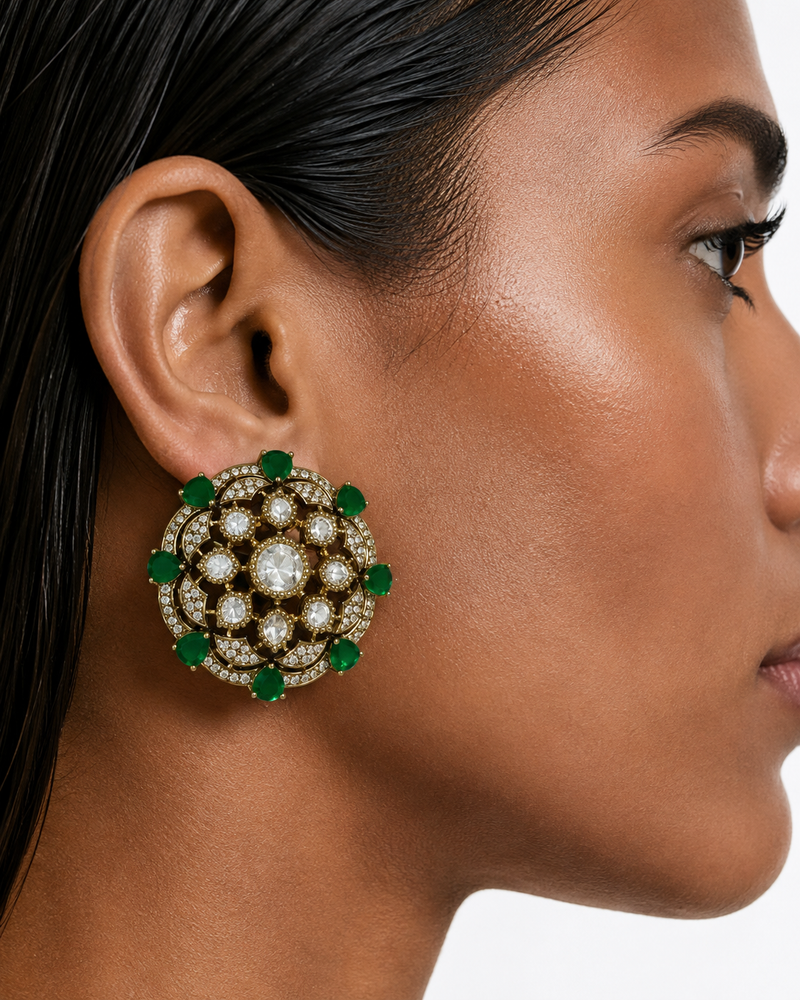 Noura Emerald Kundan Floral Studs