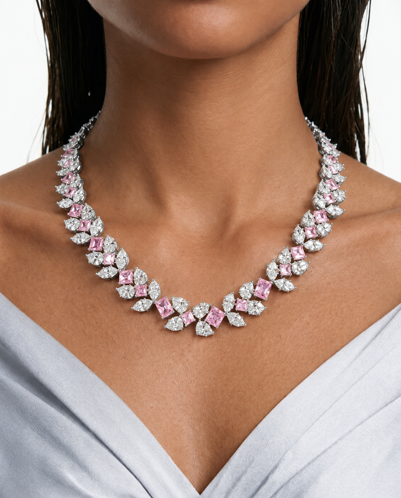 Areziya Pink Leaf Diamond-Like Zircon Necklace Set – Necklace & Earrings