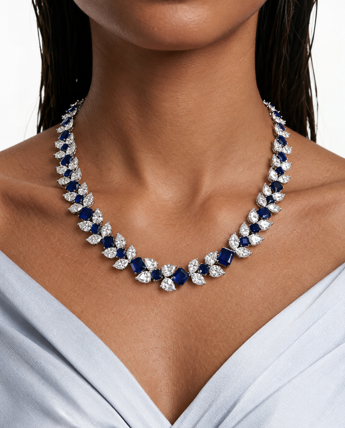 Areziya Sapphire Leaf Necklace Set – sapphire doublet and 5A CZ, rhodium plated – front view | PRERTO