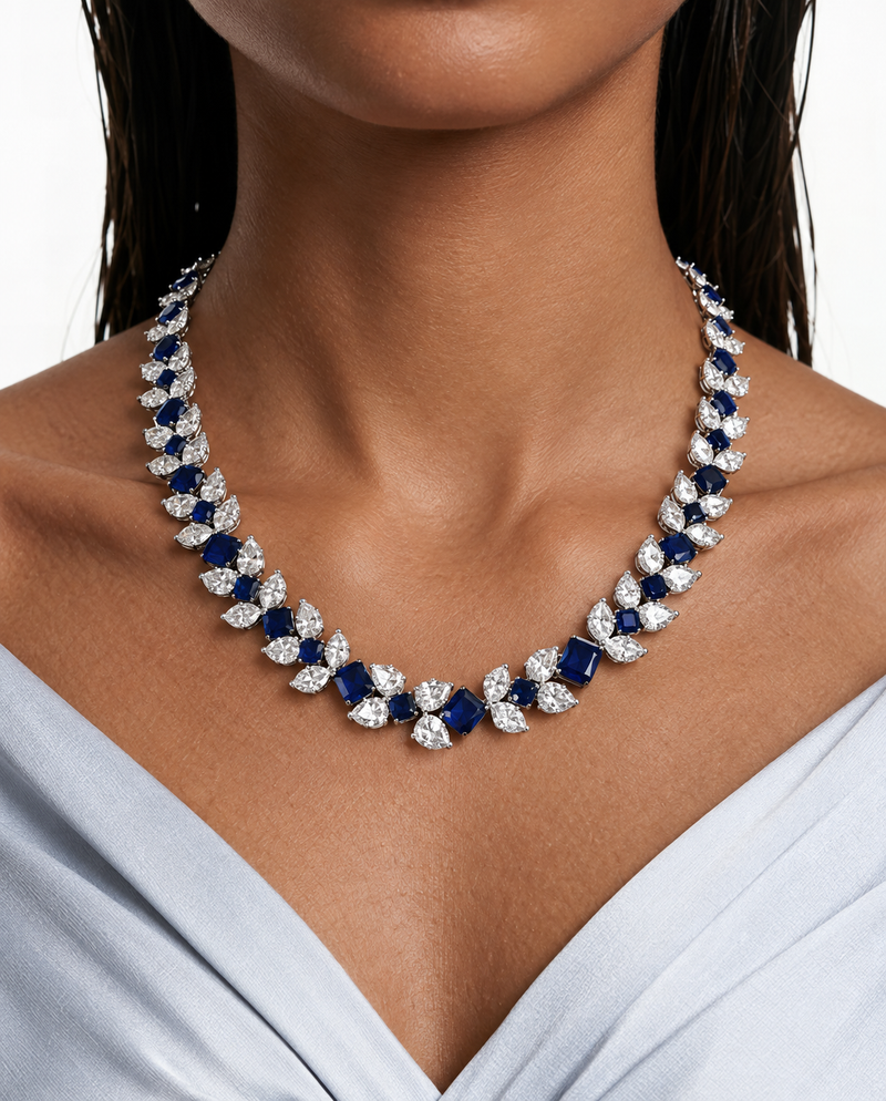 Areziya Sapphire Leaf Diamond-Like Zircon Necklace Set – Necklace & Earrings