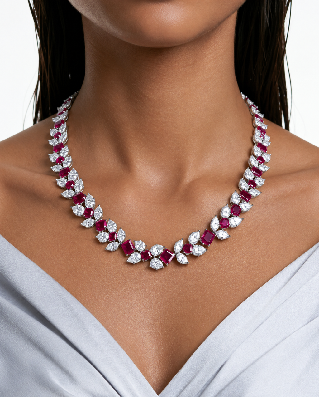 Areziya Ruby Leaf Diamond-Like Zircon Necklace Set – Necklace & Earrings