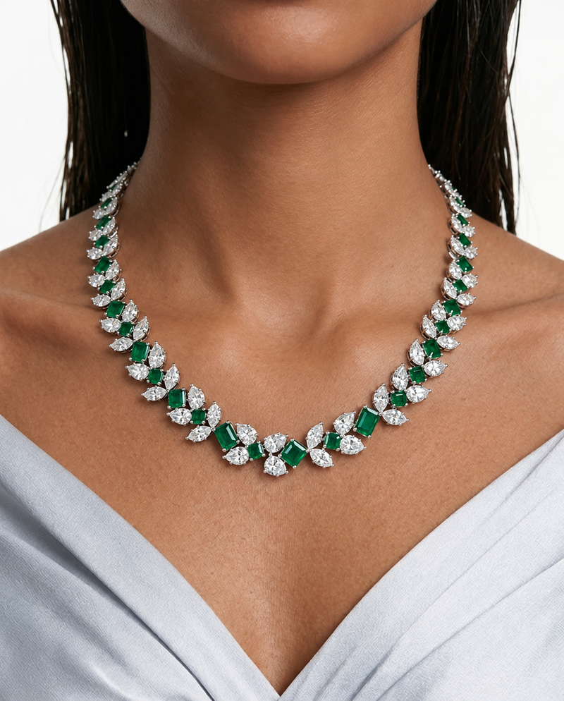 Areziya Emerald Leaf Diamond-Like Zircon Necklace Set – Necklace & Earrings