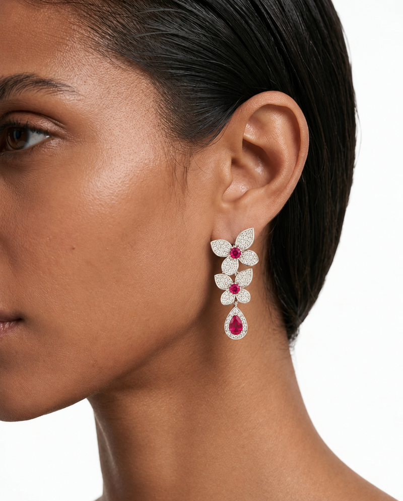 Rosie Ruby Floral Drop Diamond-Like Zircon Open-Front Cuff Necklace Set – Necklace & Earrings