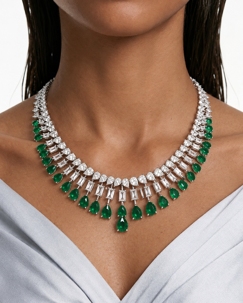 Sabelle Emerald Baguette & Teardrop Diamond-Like Zircon Necklace Set – Necklace & Earrings