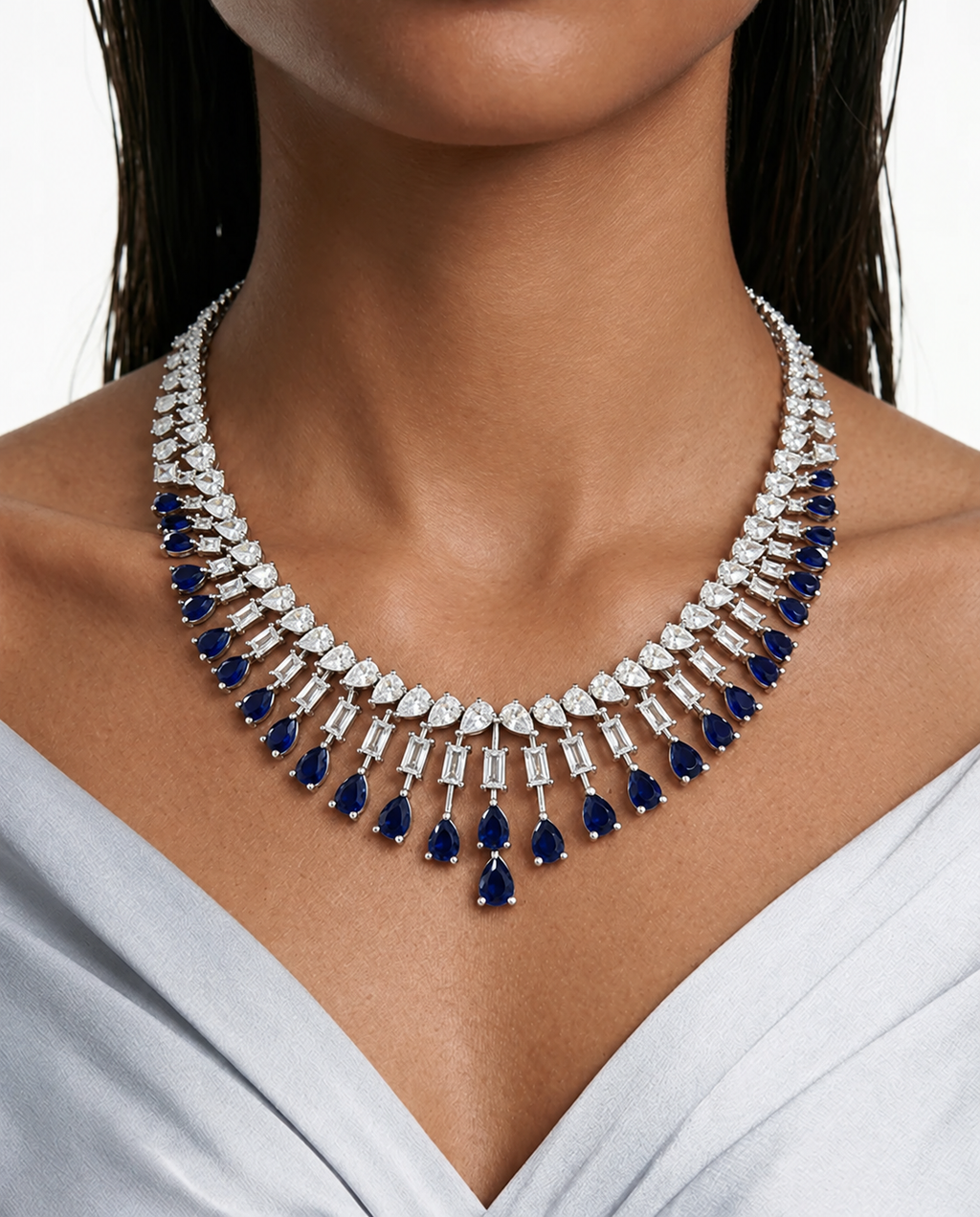 Sabelle Sapphire Baguette & Teardrop Diamond-Like Zircon Necklace Set – Necklace & Earrings