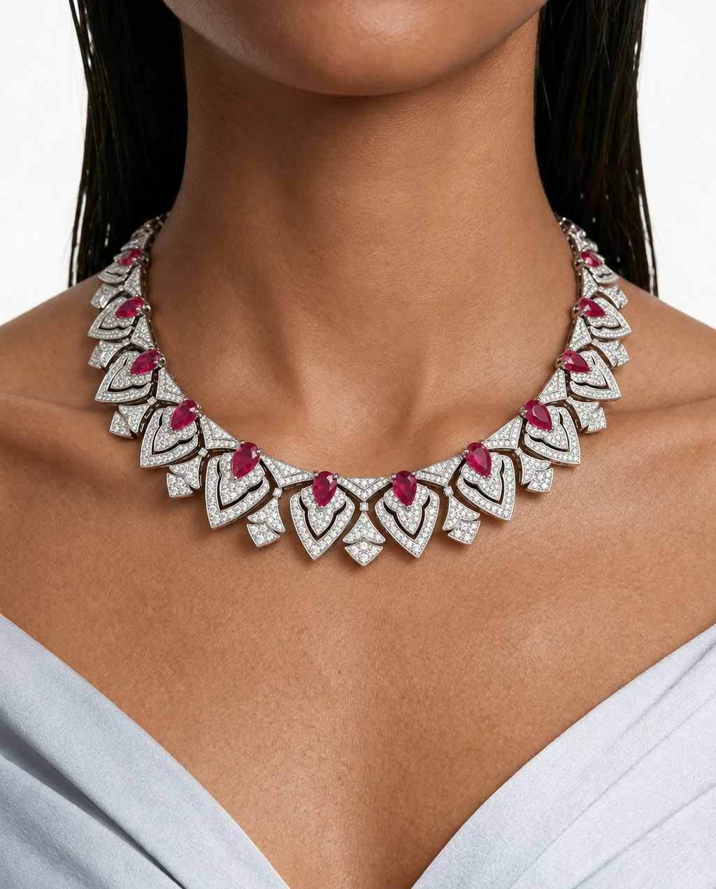 Aster Ruby Fan Diamond-Like Zircon Necklace Set – Necklace & Earrings
