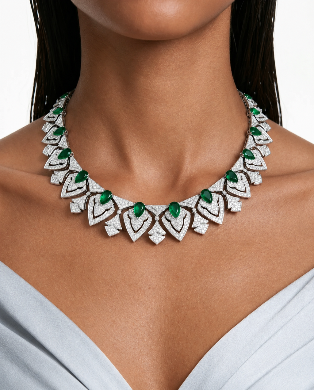 Aster Emerald Fan Diamond-Like Zircon Necklace Set – Necklace & Earrings