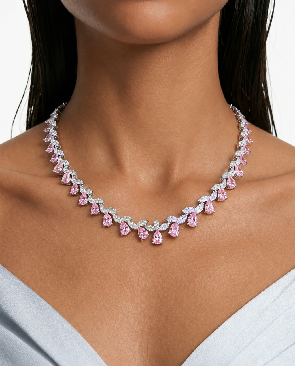 Vaanya Mini Pink Drops & Diamond-Like Zircon Single Line Necklace Set (Necklace & Earrings)