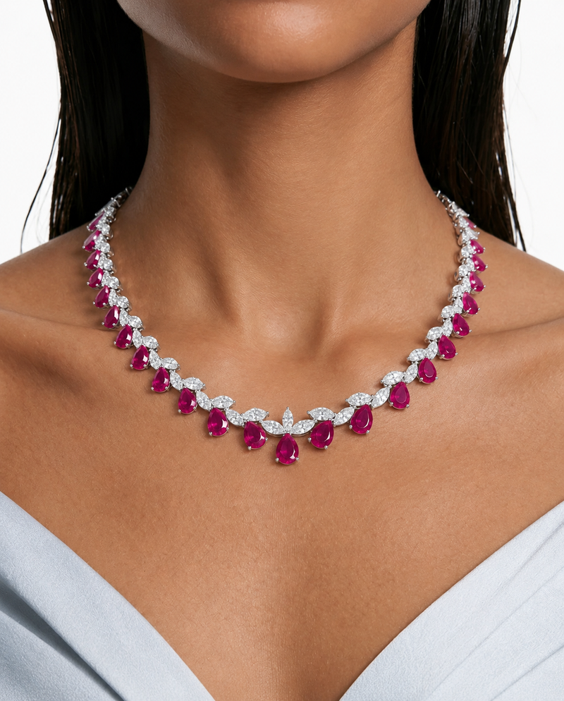 Vaanya Mini Ruby Drops & Diamond-Like Zircon Single Line Necklace Set (Necklace & Earrings)
