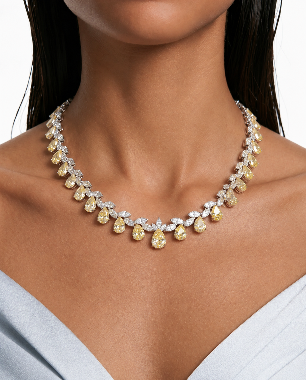 Vaanya Mini Citrine Drops & Diamond-Like Zircon Single Line Necklace Set (Necklace & Earrings)