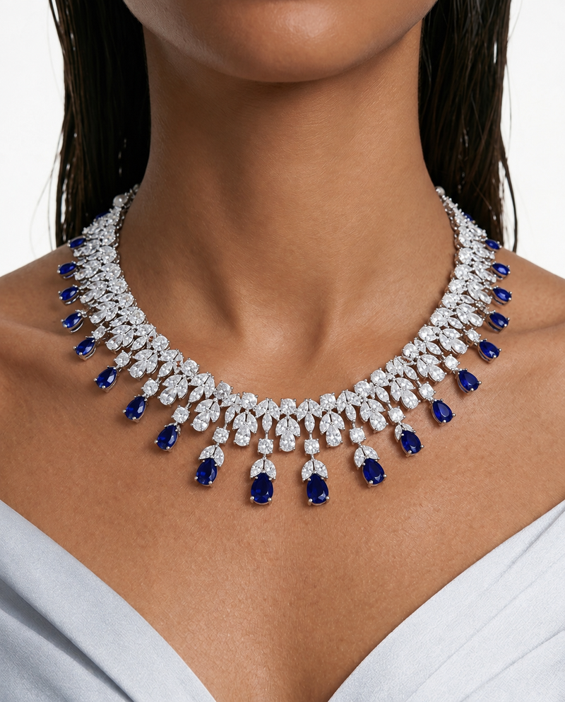 Zelie Sapphire Leaf & Teardrop Diamond-Like Zircon Necklace Set – Necklace & Earrings
