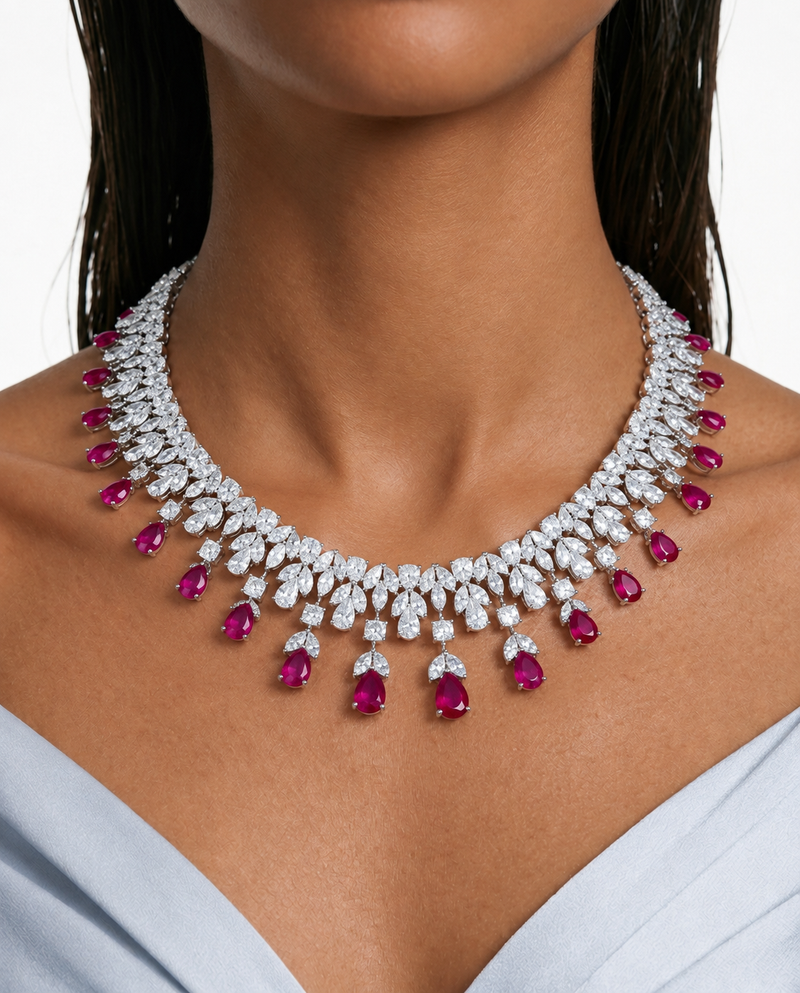 Zelie Ruby Leaf & Teardrop Diamond-Like Zircon Necklace Set – Necklace & Earrings