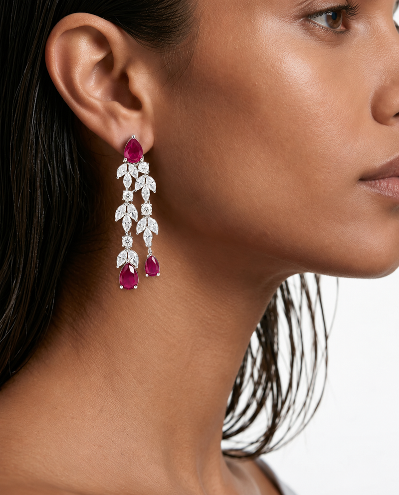 Zelie Ruby Leaf & Teardrop Diamond-Like Zircon Necklace Set – Necklace & Earrings