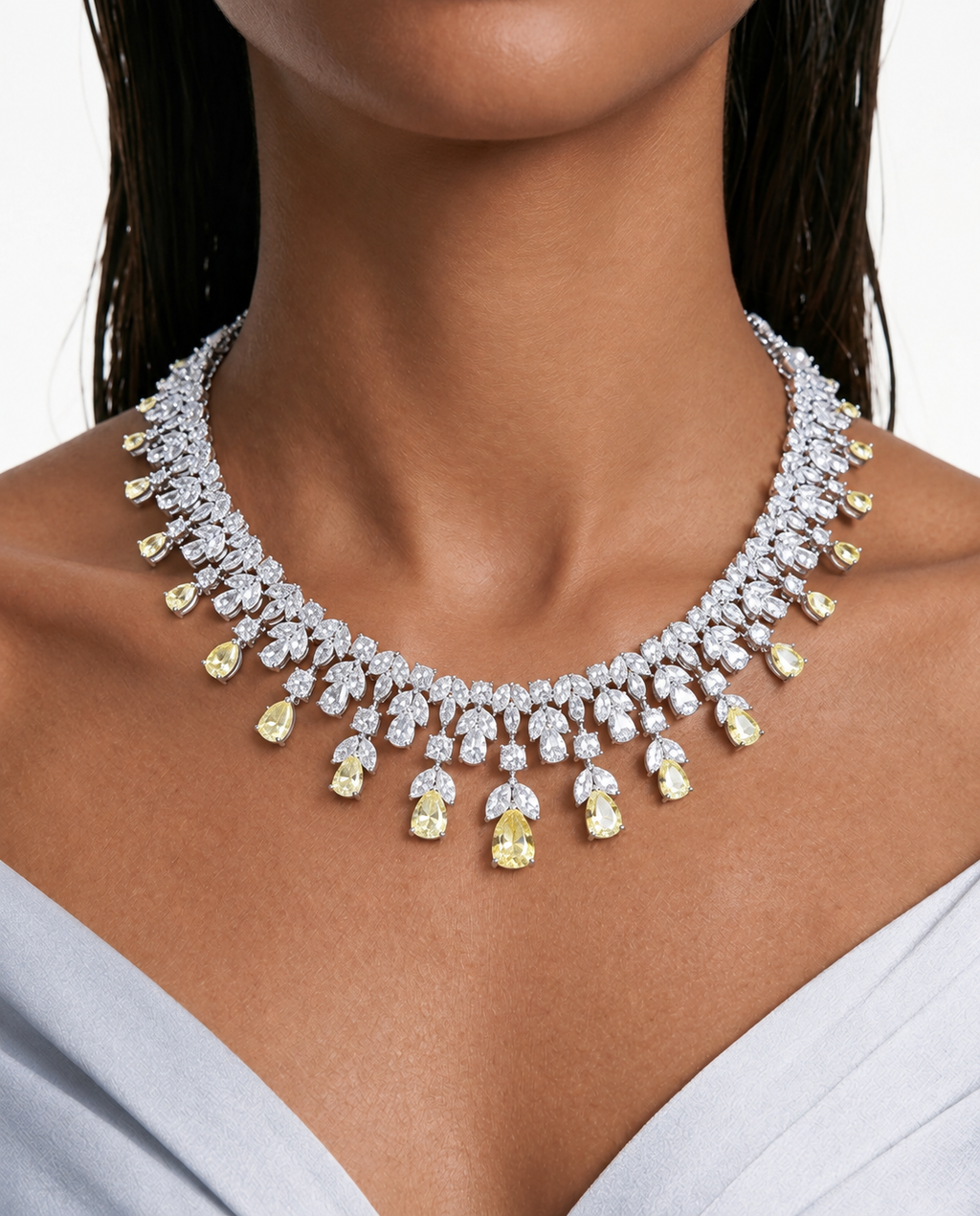 Zelie Citrine Leaf & Teardrop Diamond-Like Zircon Necklace Set – Necklace & Earrings