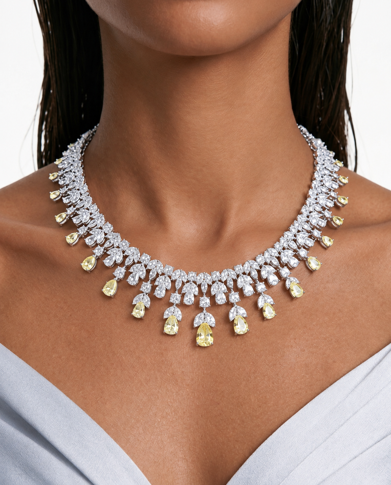 Zelie Citrine Leaf & Teardrop Diamond-Like Zircon Necklace Set – Necklace & Earrings