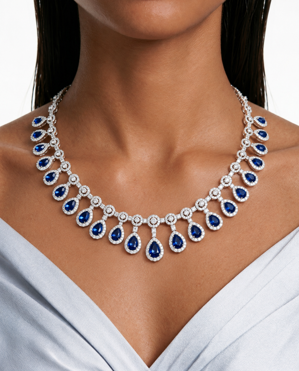 Kiki Sapphire Pear Drop Diamond-Like Zircon Necklace Set – Necklace & Earrings