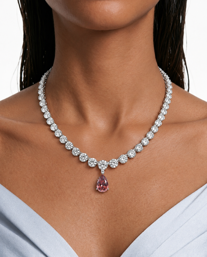 Odelia Pink Pear Drop Diamond-Like Zircon Necklace Set – Necklace & Earrings