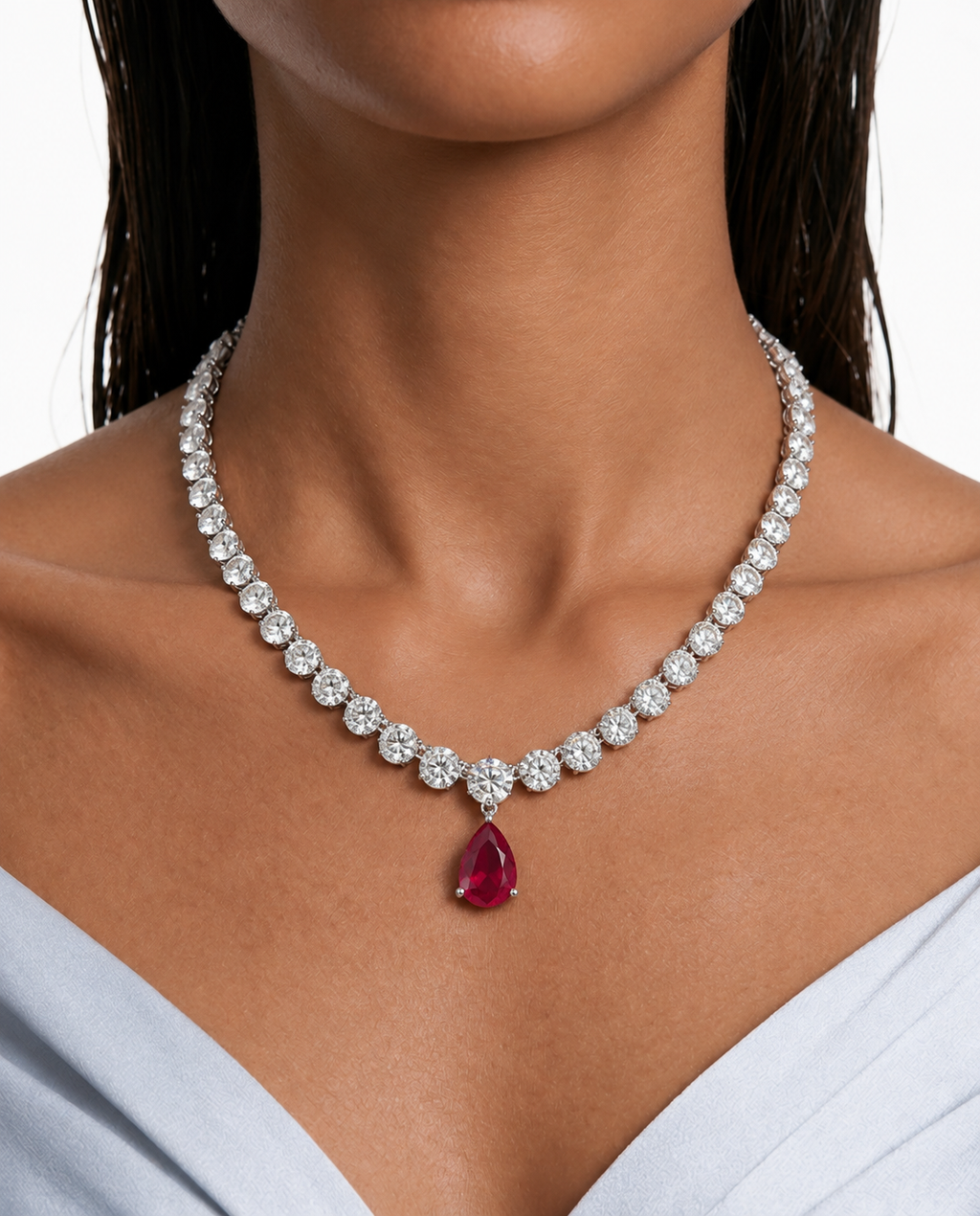 Odelia Ruby Pear Drop Diamond-Like Zircon Necklace Set – Necklace & Earrings