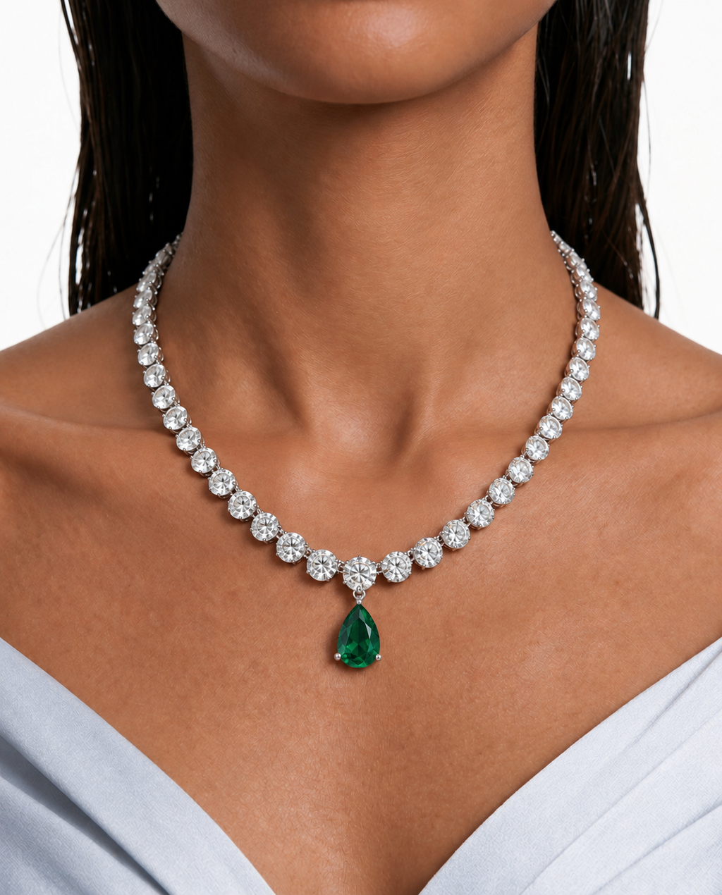 Odelia Emerald Pear Drop Diamond-Like Zircon Necklace Set – Necklace & Earrings