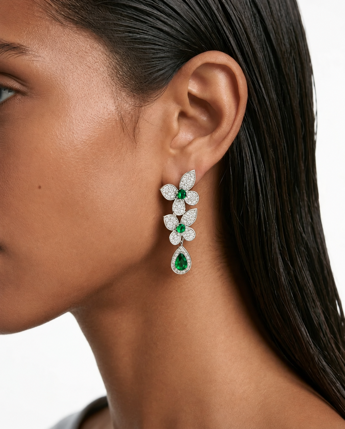 Rosie Emerald Floral Drop Diamond-Like Zircon Open-Front Cuff Necklace Set – Necklace & Earrings