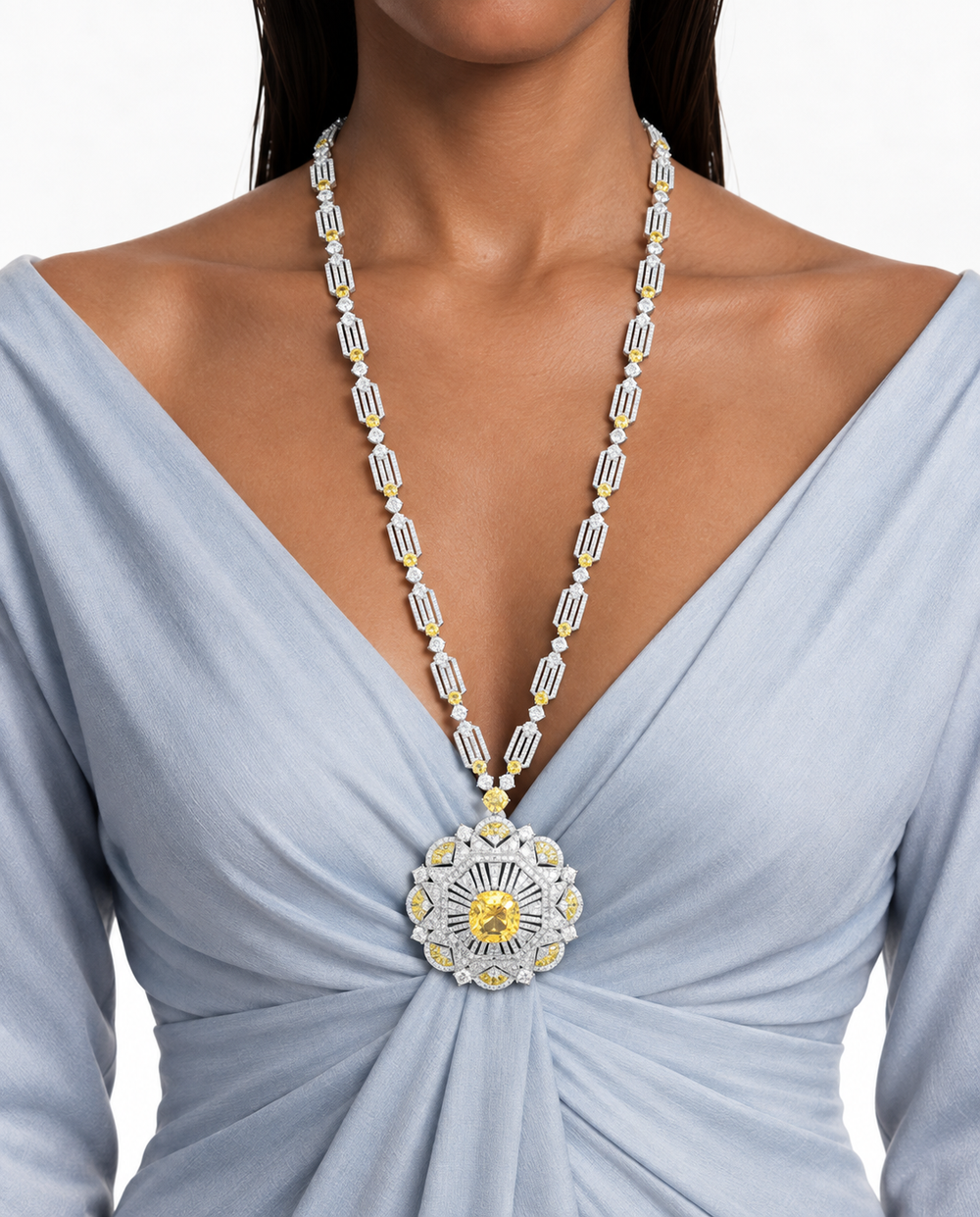 Naya Citrine Floral Medallion Long Necklace Set – citrine doublet and 5A CZ, rhodium plated – front view | PRERTO