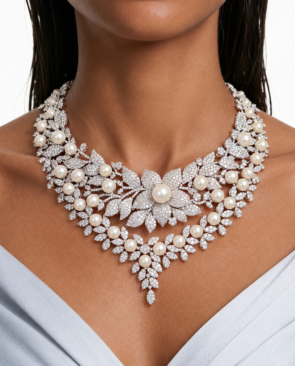 Maharani Nell Pearl & Leaf & Aurelia Pearl Diamond & Floral Necklace Set (2 Necklace & 2 Earrings)
