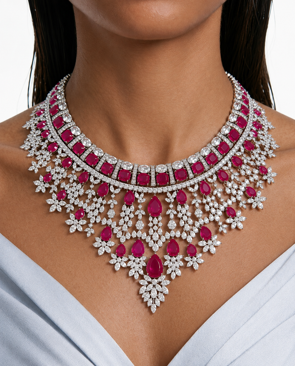 Maharani Jahnavi Ruby Compressed Setting & Bhavika Ruby Single Line Tennis Necklace Set (2 Necklace & 2 Earrings)