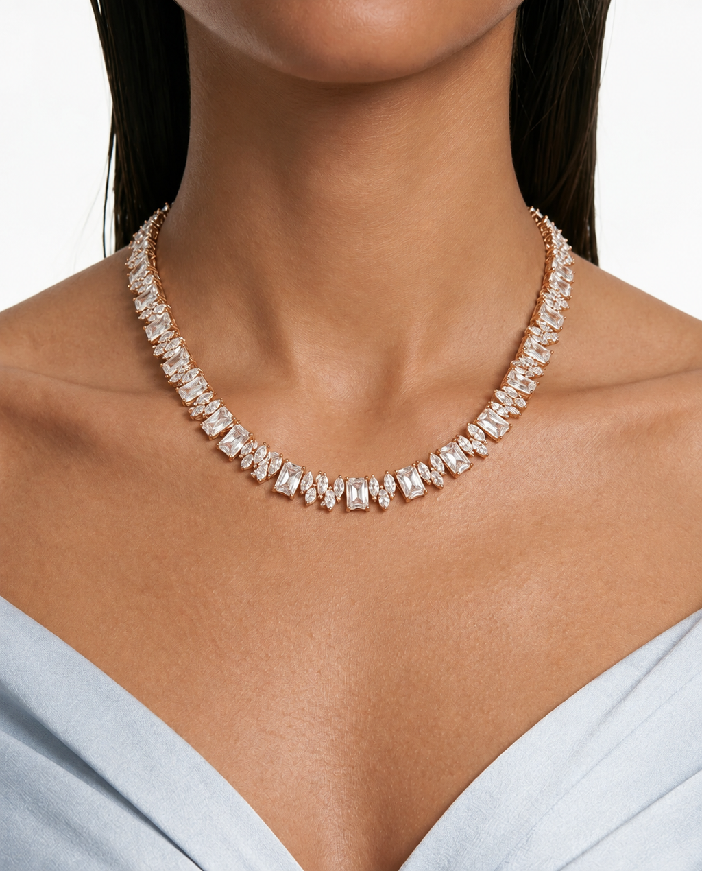 Maharani Baguette hart Dimonte ketting set & geometrische Dimonte ketting set (ketting en oorbellen)