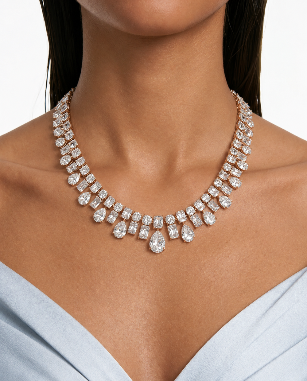 Maharani Baguette hart Dimonte ketting set & geometrische Dimonte ketting set (ketting en oorbellen)