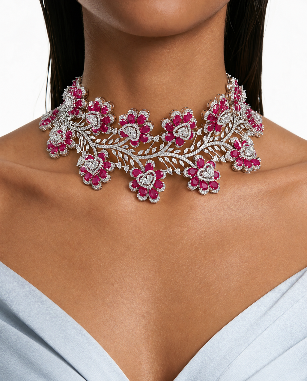 Hart- en diamanten kettingset (ketting, mang tika & oorbellen)
